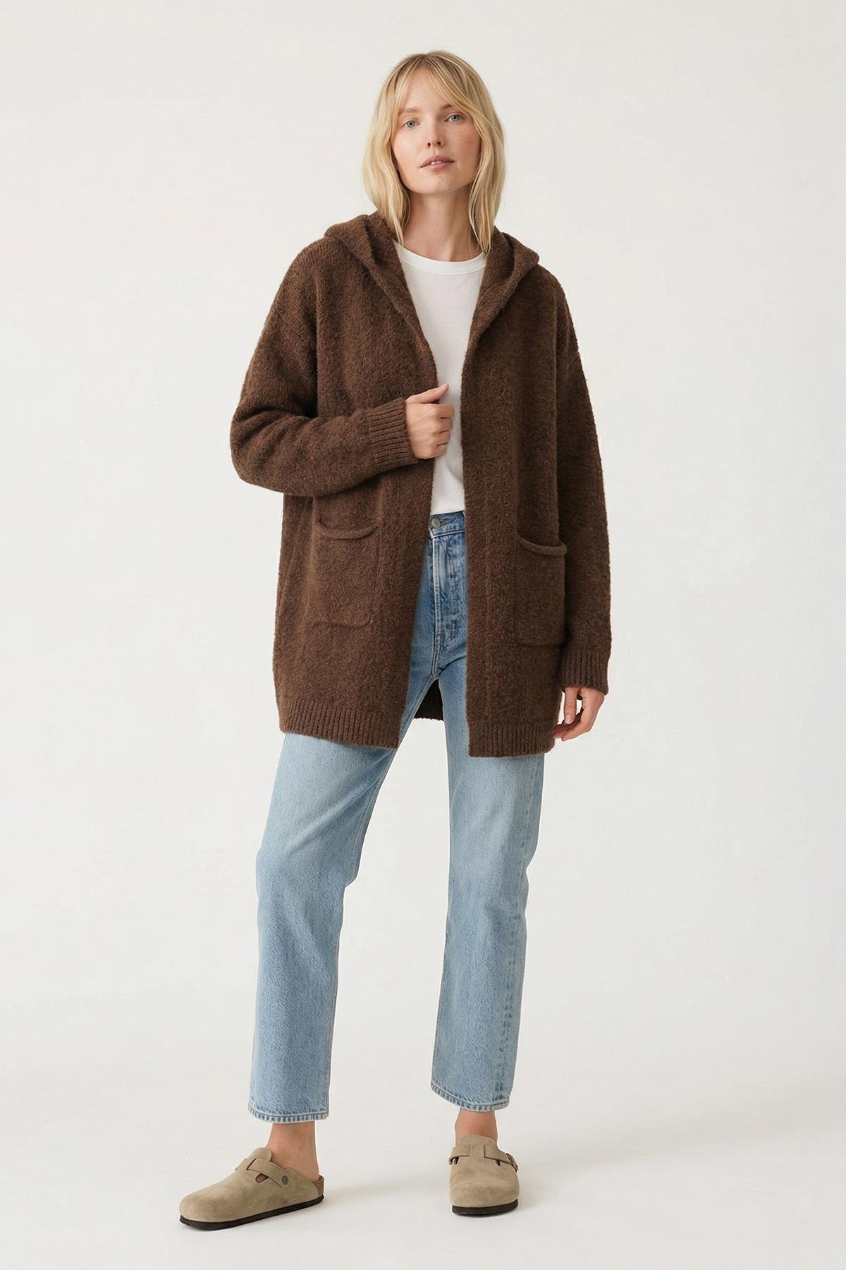 Chuba Premium Kadın Rahat Kalıp Moher Yün Kapüşonlu Hırka Kahve 26W3040