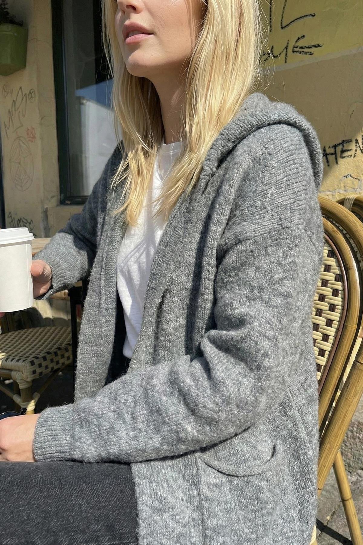 Chuba Premium Kadın Rahat Kalıp Moher Yün Kapüşonlu Hırka Koyu Gri 26W3040