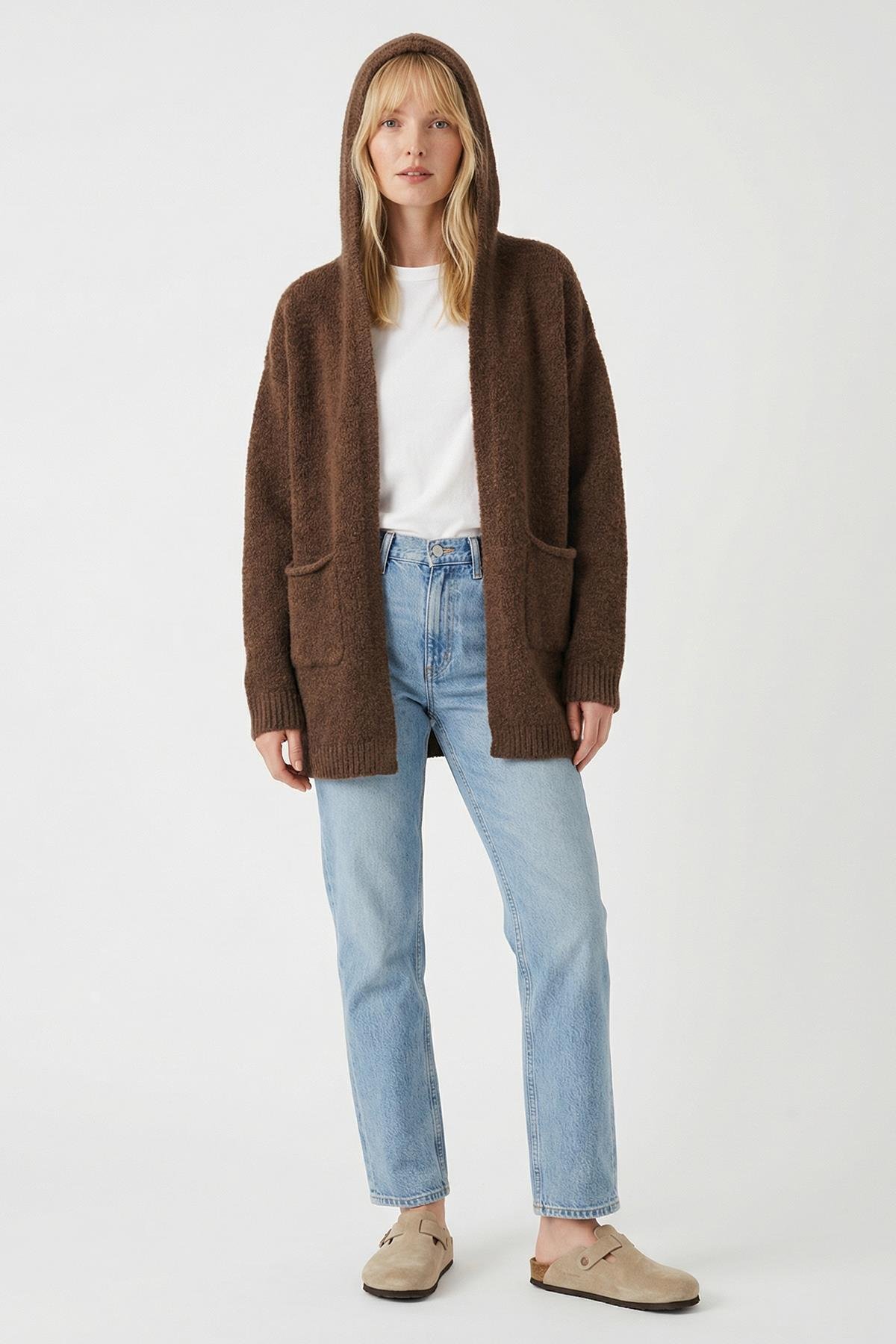 Chuba Premium Kadın Rahat Kalıp Moher Yün Kapüşonlu Hırka Kahve 26W3040