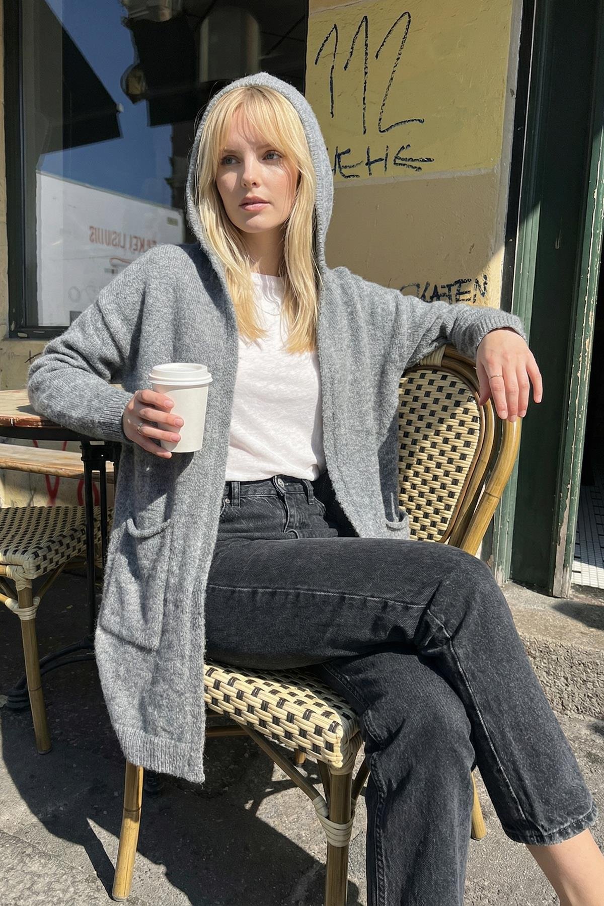 Chuba Premium Kadın Rahat Kalıp Moher Yün Kapüşonlu Hırka Koyu Gri 26W3040