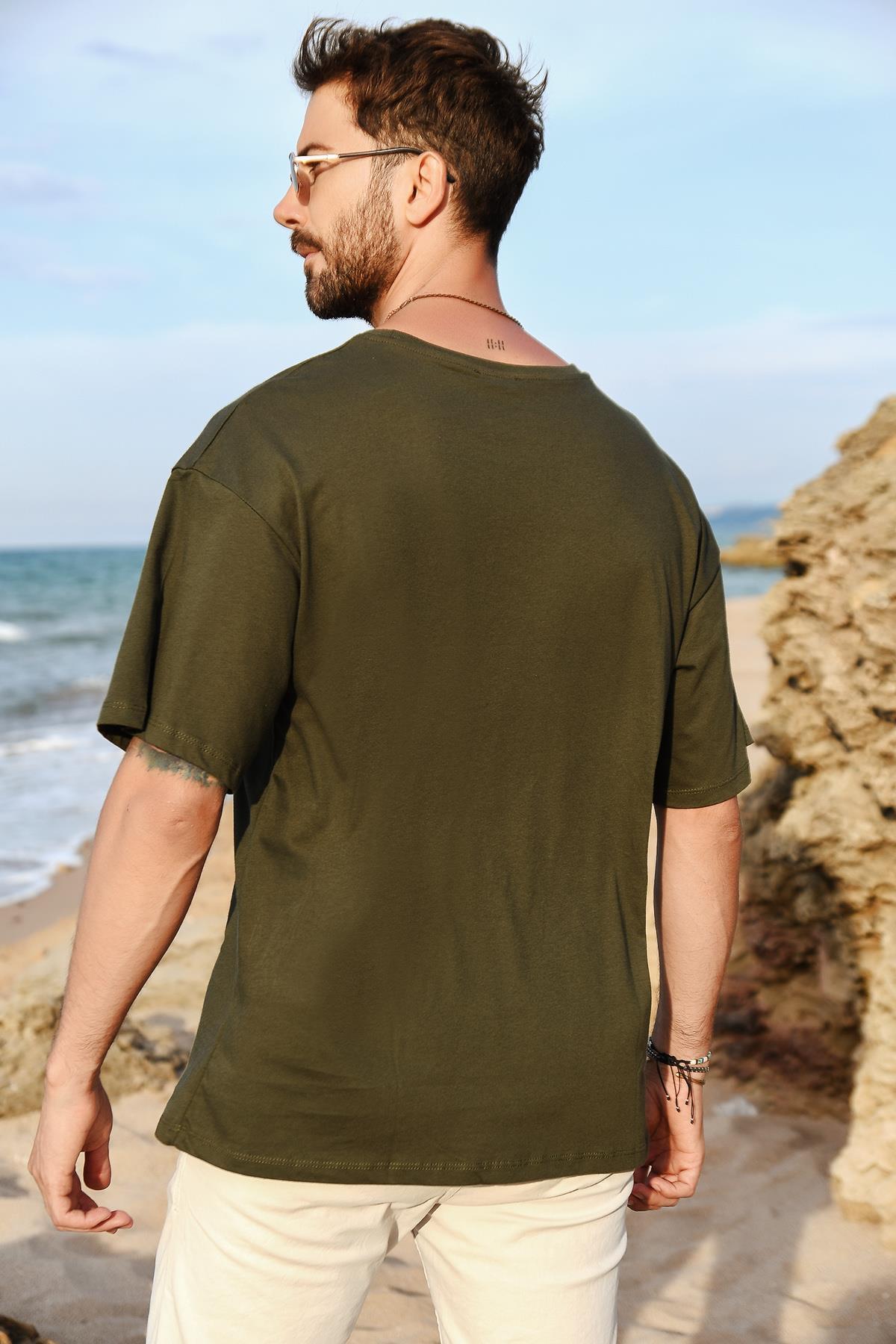 Haki Erkek Bisiklet Yaka Oversize T-Shirt 20S511