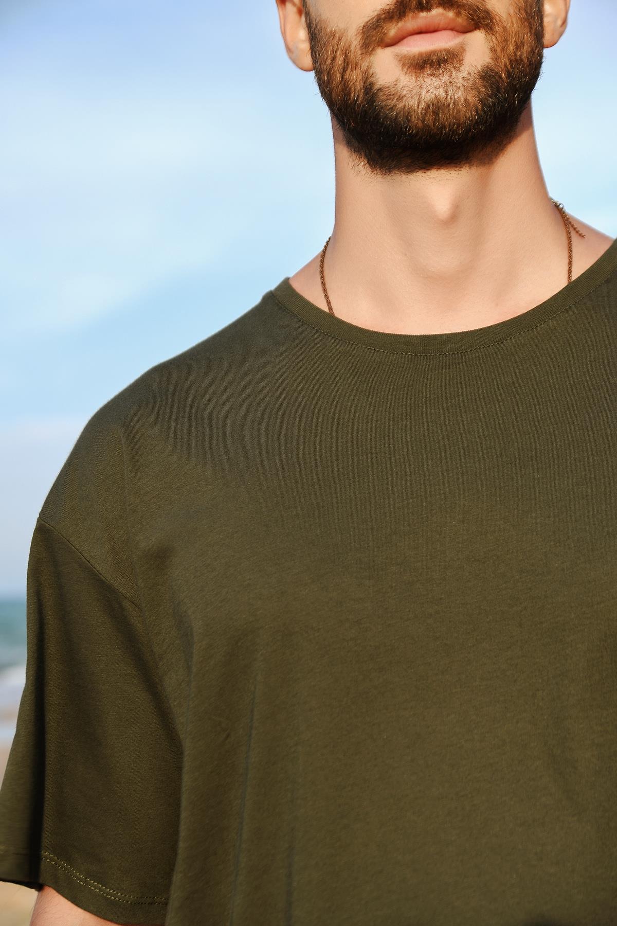 Haki Erkek Bisiklet Yaka Oversize T-Shirt 20S511