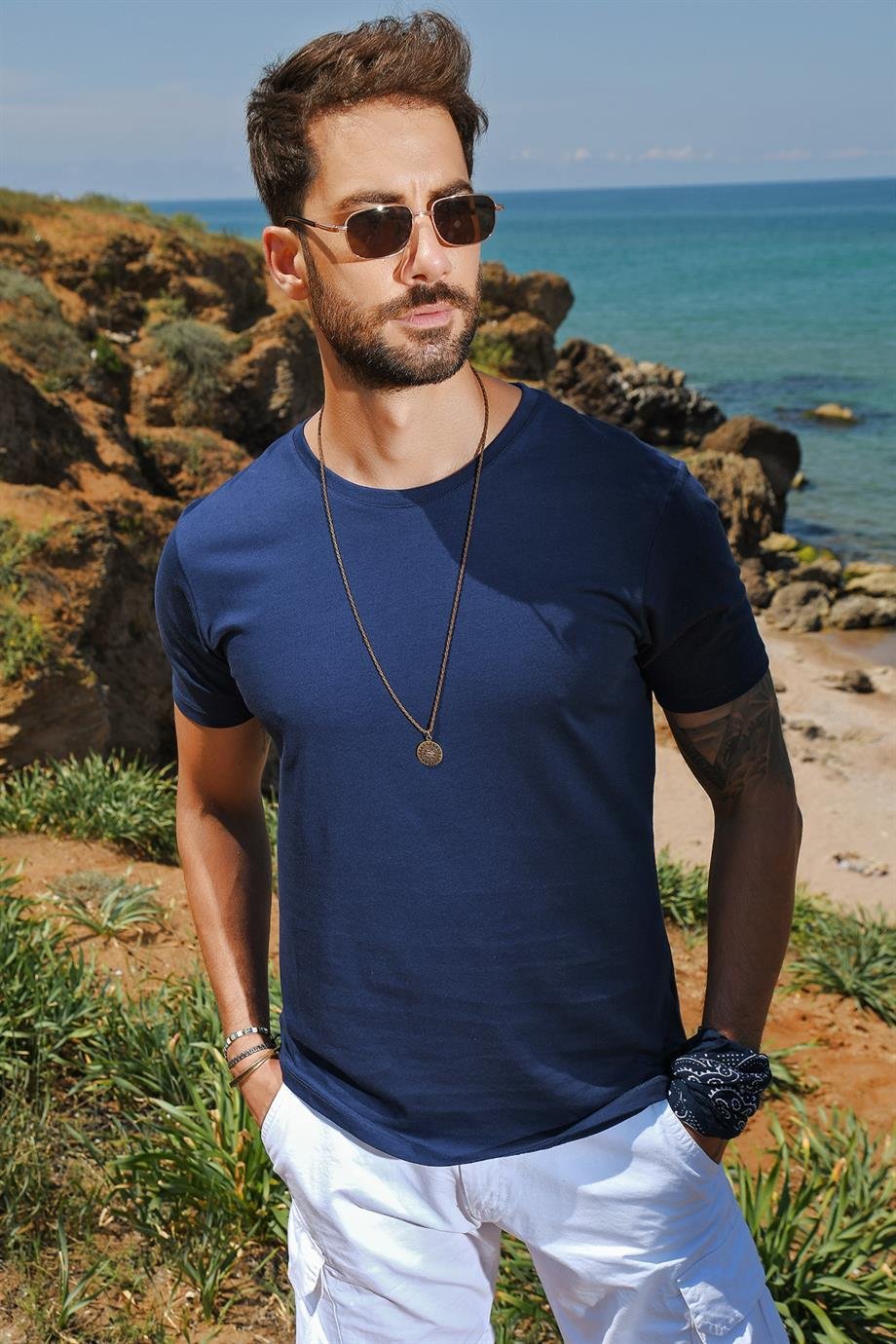Navy Erkek Bisiklet Yaka  T-Shirt 20S512