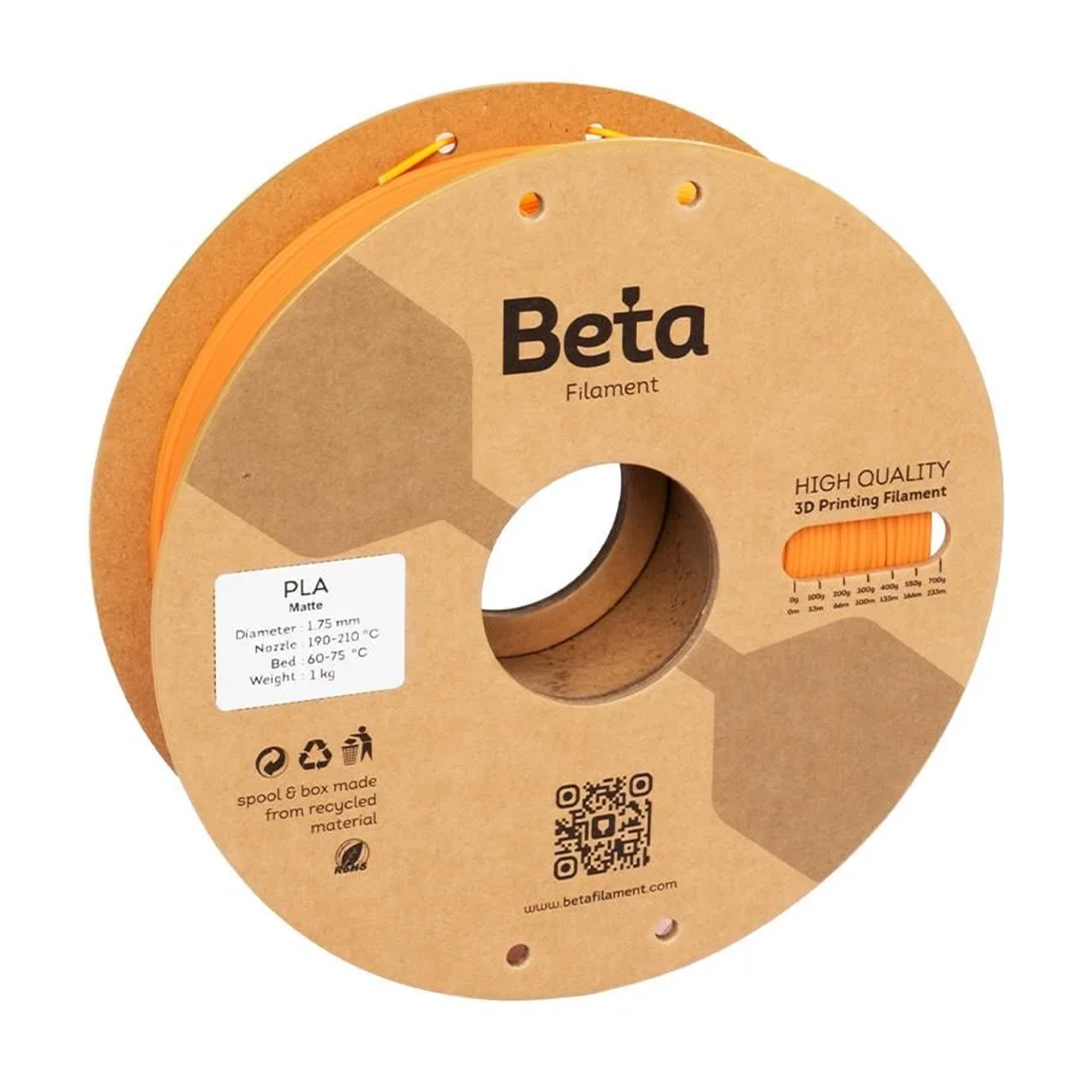 Beta PLA Filament Matte Orange 1.75mm 1 Kg 340 m 
