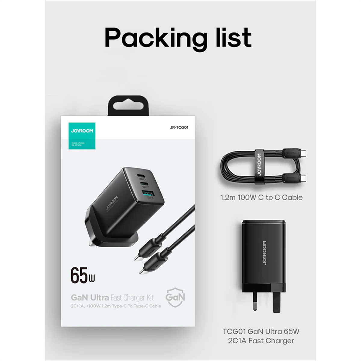 Joyroom GaN Ultra TCG01 65W 2C1A Fast Charger+100W C to C Cable 1.2m