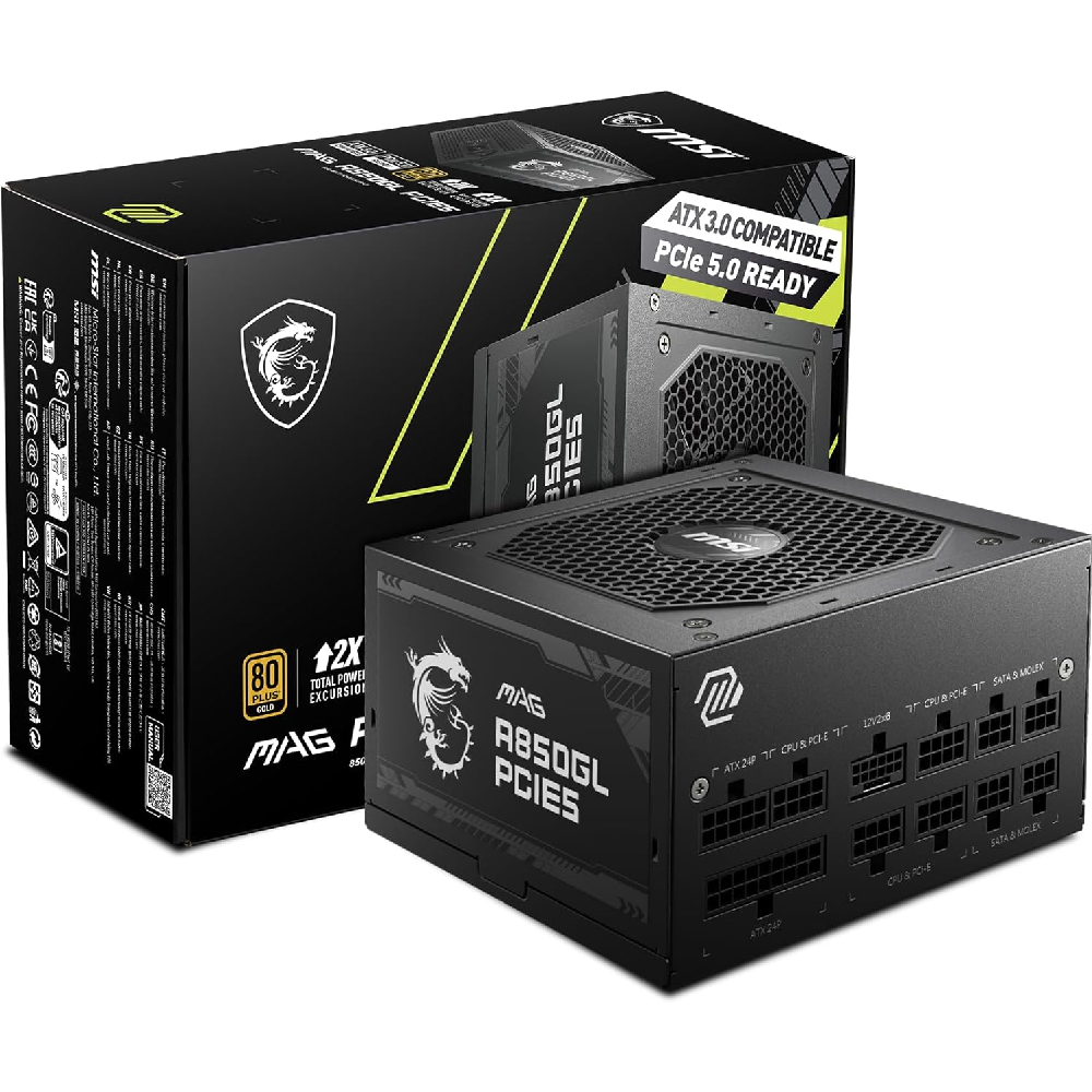 MSI MAG A850GL PCIE 5 & ATX 3.0 Gaming Power Supply - Full Modular - 80 Plus Gold Certified 850W ATX PSU