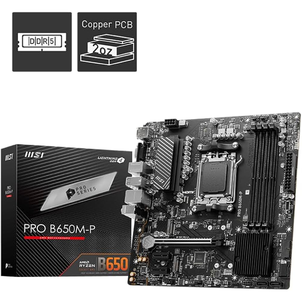 Msi Pro B650M-P ProSeries Motherboard (AM5, mATX, DDR5, PCIe 4.0, M.2, SATA 6Gb/s, USB 3.2 Gen 2, HDMI/DP, AMD Ryzen 7000 Series