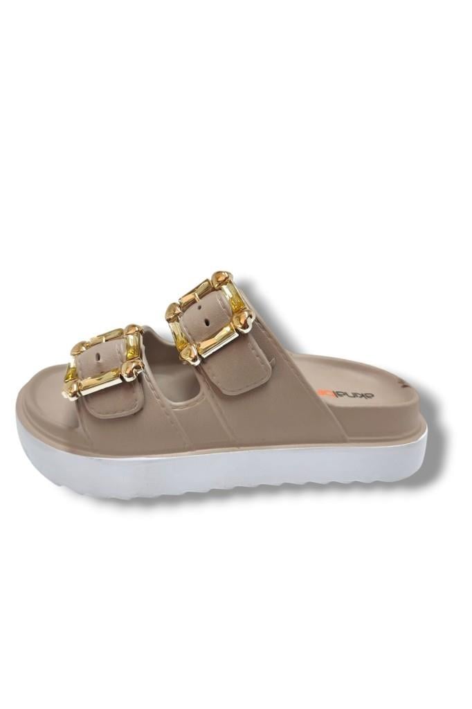 Akınal E474.Z.0000-25 Eva Altın Tokalı Çift Bant Kadın Terlik