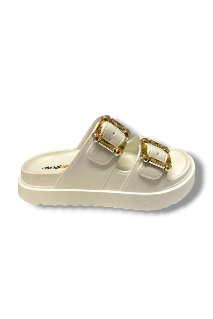 Akınal E474.Z.0000-25 Eva Altın Tokalı Çift Bant Kadın Terlik