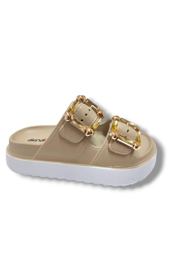 Akınal E474.Z.0000-25 Eva Altın Tokalı Çift Bant Kadın Terlik