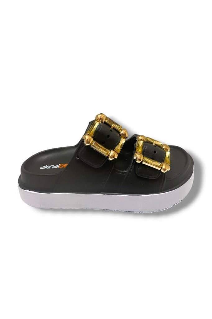 Akınal E474.Z.0000-25 Eva Altın Tokalı Çift Bant Kadın Terlik