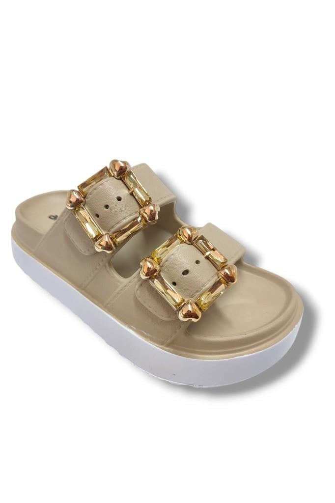 Akınal E474.Z.0000-25 Eva Altın Tokalı Çift Bant Kadın Terlik