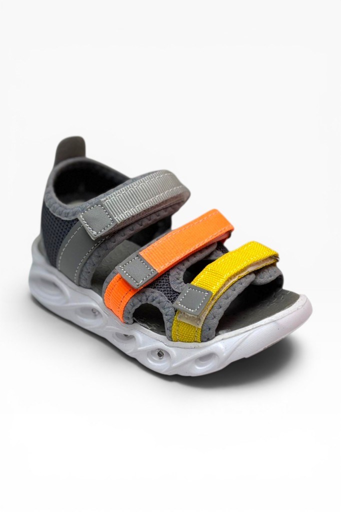 Arzen Bebe 230-26 3 Cırtlı Işıklı Anatomik Çocuk Sandalet Gri Turuncu Sarı 26-30