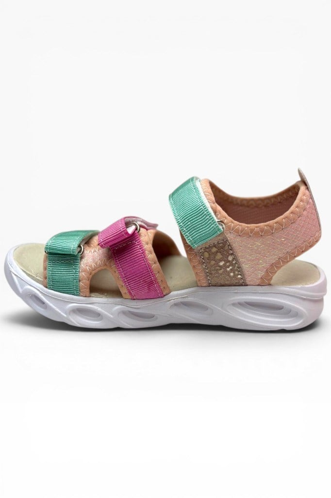 Arzen Bebe 231-26 3 Cırtlı Anatomik Kız Çocuk Sandalet Somon Yeşil Pembe 31-35