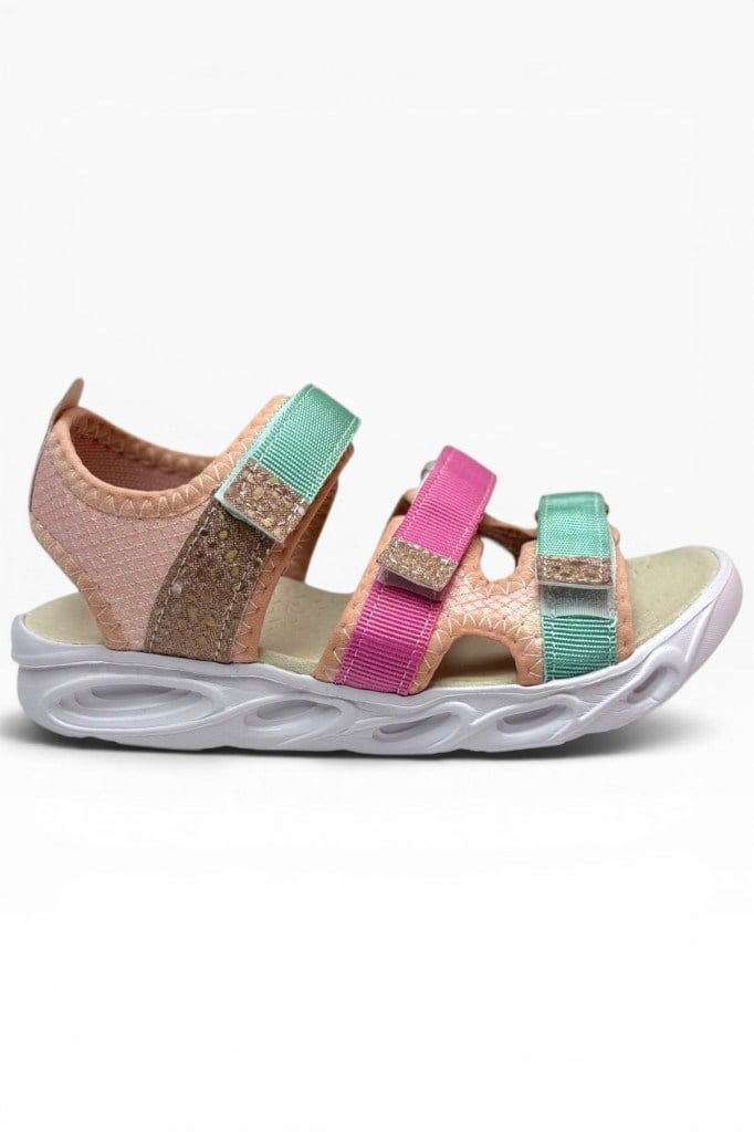 Arzen Bebe 231-26 3 Cırtlı Anatomik Kız Çocuk Sandalet Somon Yeşil Pembe 31-35