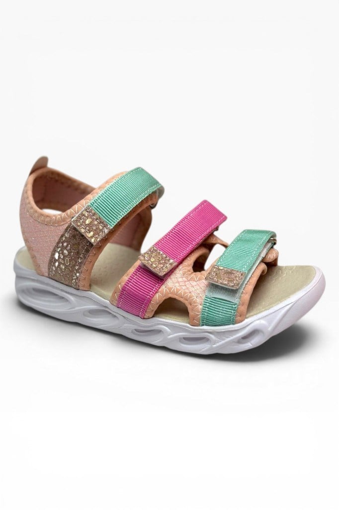 Arzen Bebe 231-26 3 Cırtlı Anatomik Kız Çocuk Sandalet Somon Yeşil Pembe 31-35