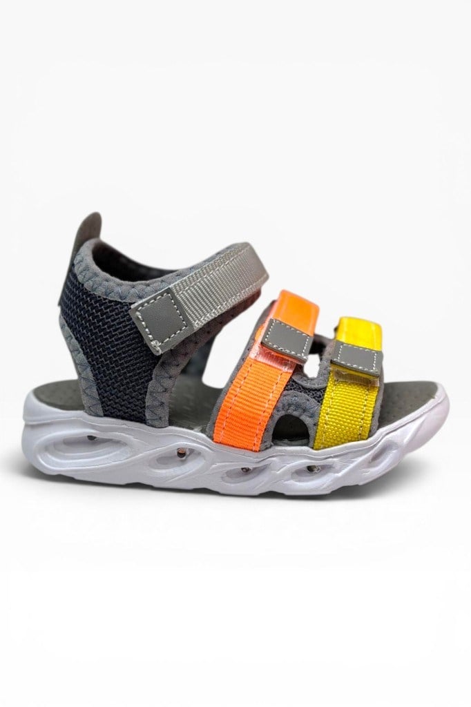 Arzen Bebe 232-26 3 Cırtlı Işıklı Anatomik Çocuk Sandalet Gri Turuncu Sarı 22-25