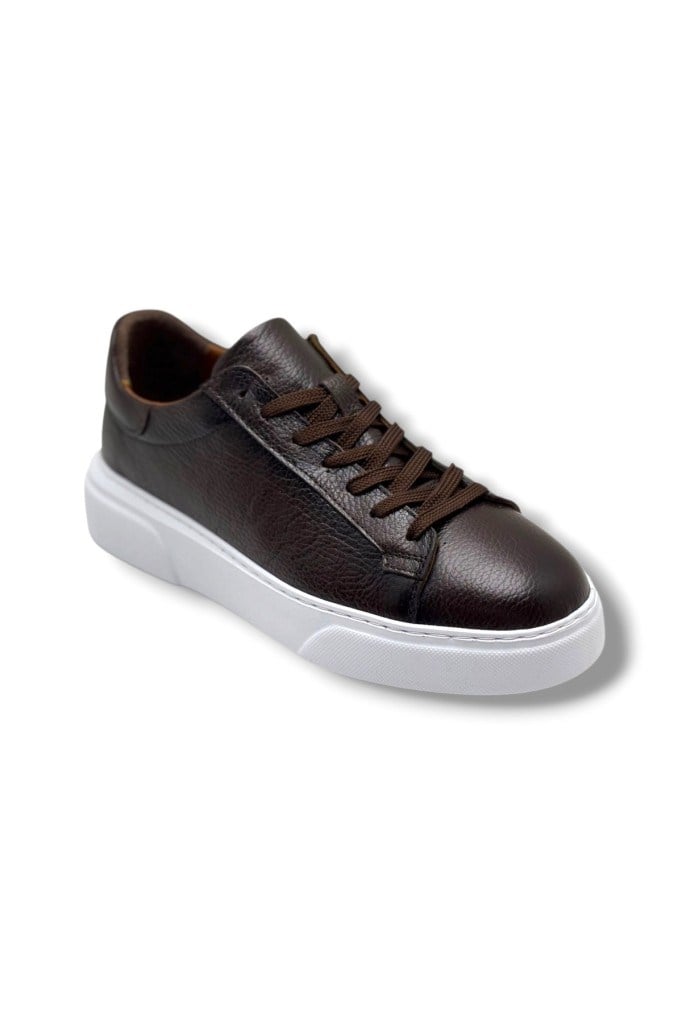 BRT LF-050-26 Hakiki Baskı Deri Anatomik Erkek Sneaker Kahve Beyaz