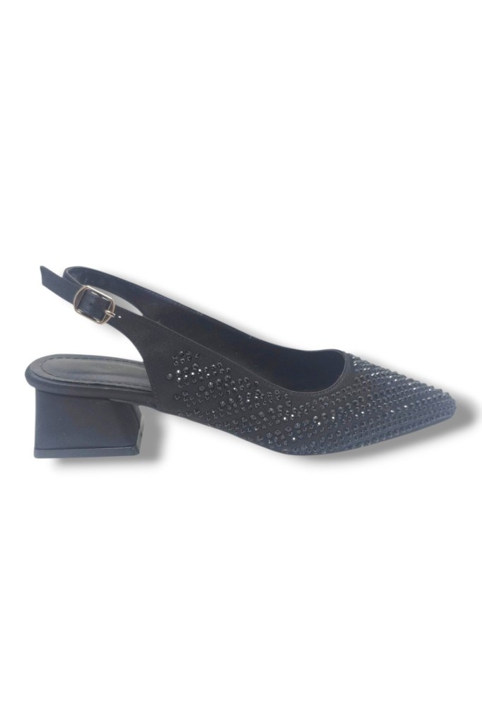 Ceylan Shoes 125-26 Taşlı Parlak Saten Kısa Kare Topuk Kadın Ayakkabı 36-41