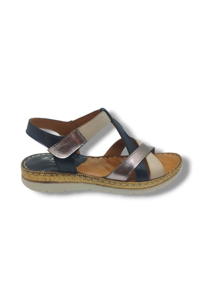 Ellanor S-553-26 Hakiki Deri Cırtlı Anatomik Taban Kadın Sandalet Siyah Bej Bronz