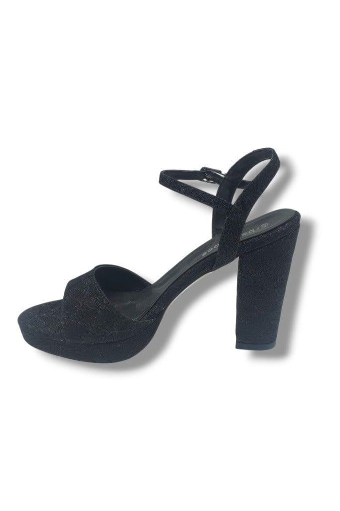 Erbay 321-26 Simli İşlemeli Saten Tek Bant Kalın Topuk Kadın Sandalet(11cm)