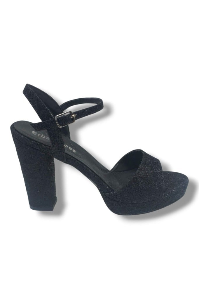 Erbay 321-26 Simli İşlemeli Saten Tek Bant Kalın Topuk Kadın Sandalet(11cm)