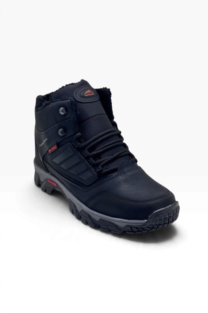 Wanderfull 3022-27 Deri Bağcıklı Fermuarlı İçi Kürklü Outdoor Erkek Bot Siyah Kırmızı 45-47
