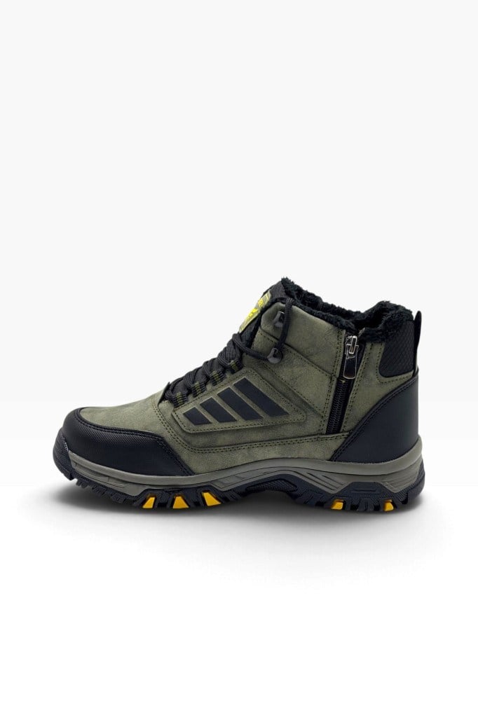 Wanderfull 3022-27 Deri Bağcıklı Fermuarlı İçi Kürklü Outdoor Erkek Bot Haki Siyah Sarı