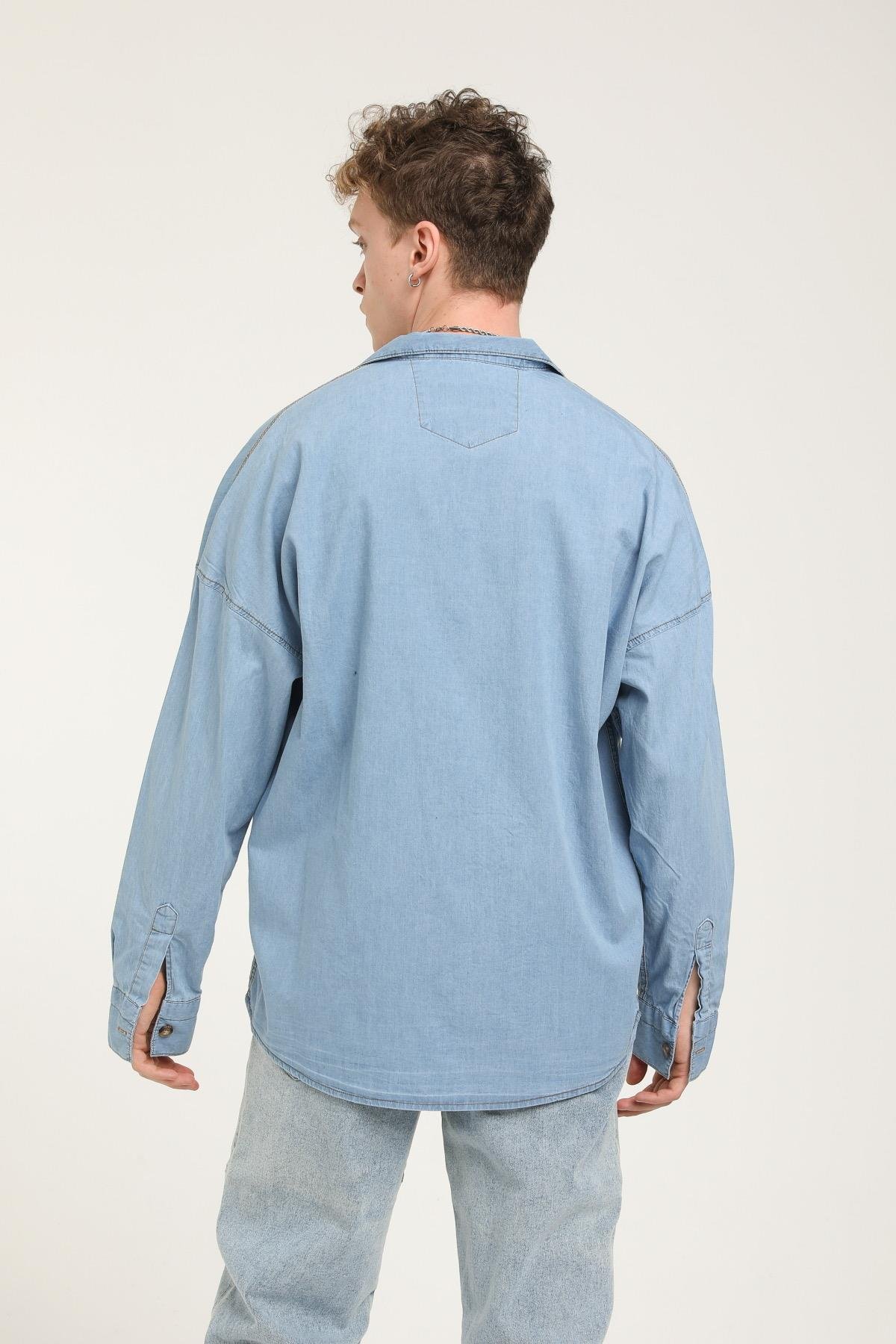 Apaş Yaka Detaylı Uzun Kollu Oversize Kot Gömlek  R-3506