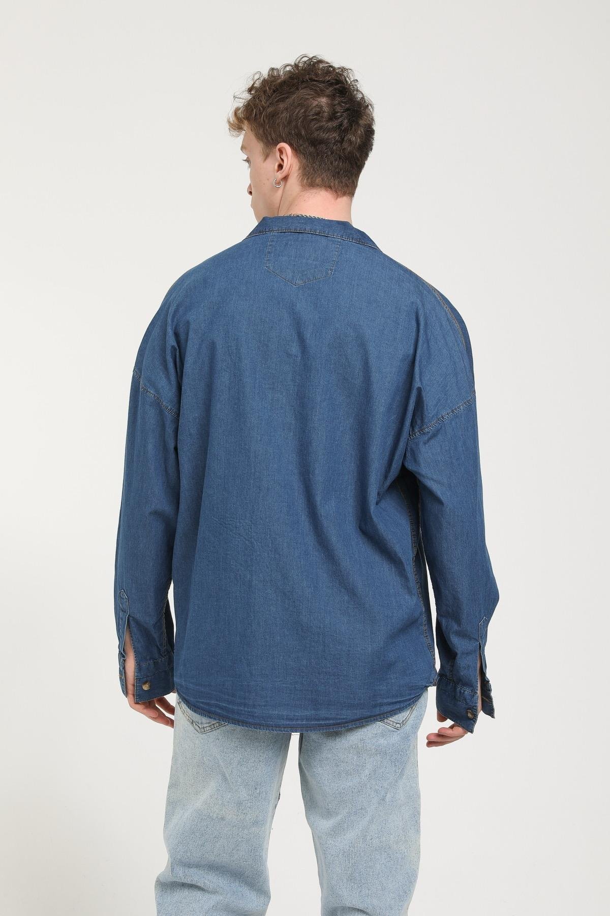Apaş Yaka Detaylı Uzun Kollu Oversize Kot Gömlek  R-3506