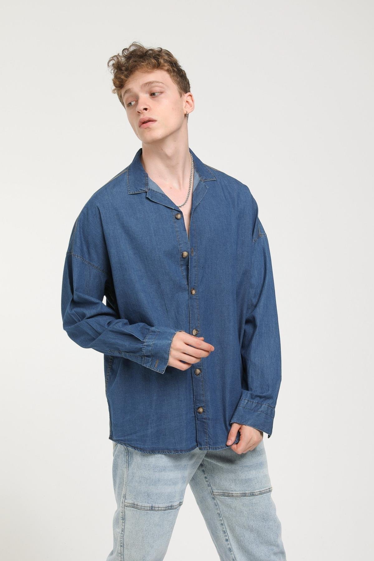 Apaş Yaka Detaylı Uzun Kollu Oversize Kot Gömlek  R-3506