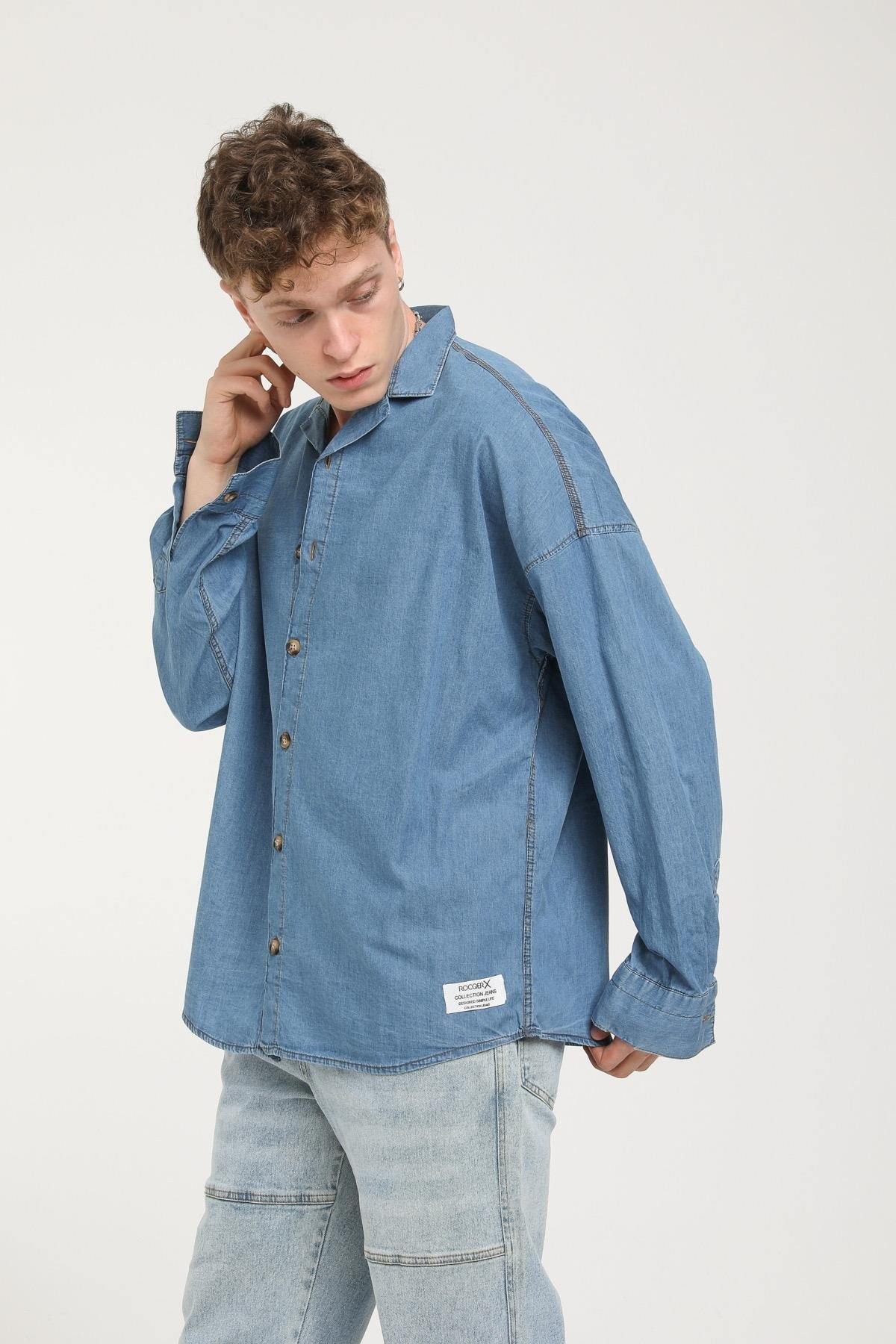 Apaş Yaka Detaylı Uzun Kollu Oversize Kot Gömlek  R-3506