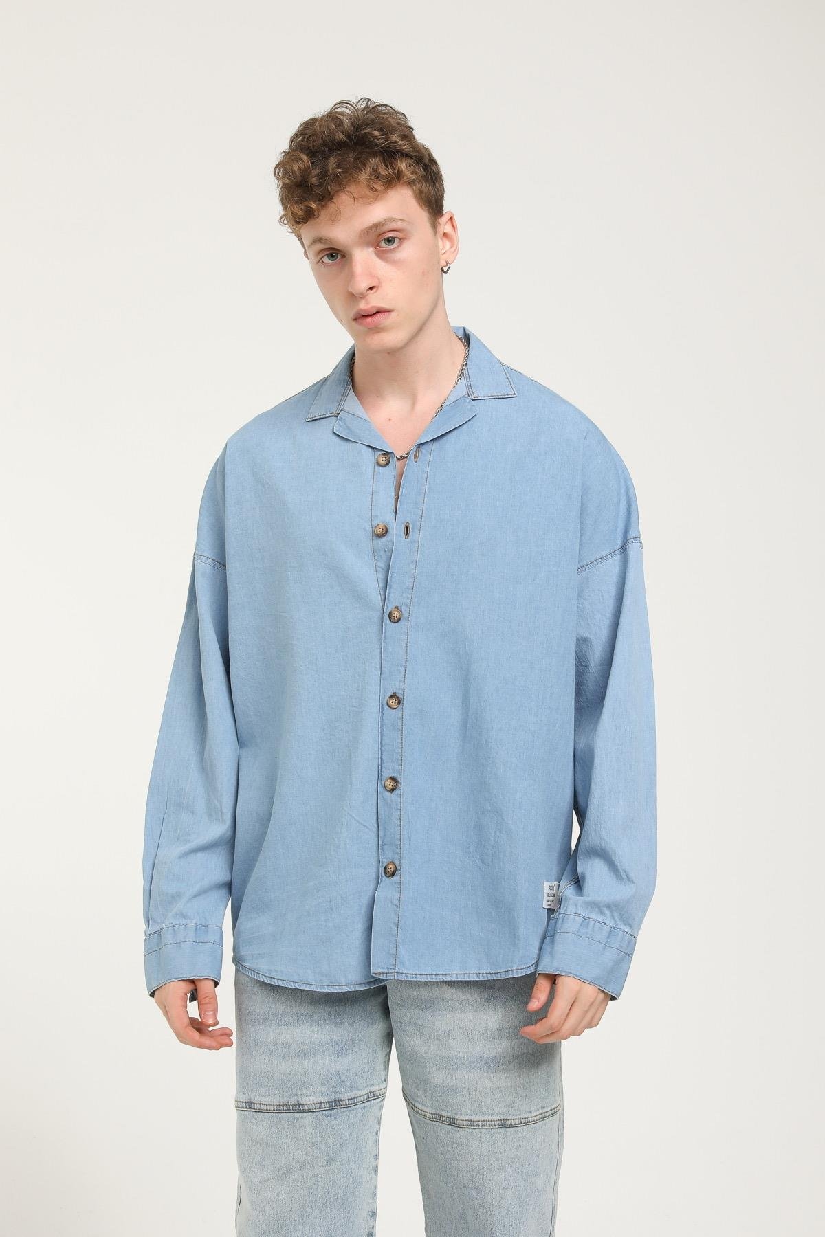 Apaş Yaka Detaylı Uzun Kollu Oversize Kot Gömlek  R-3506
