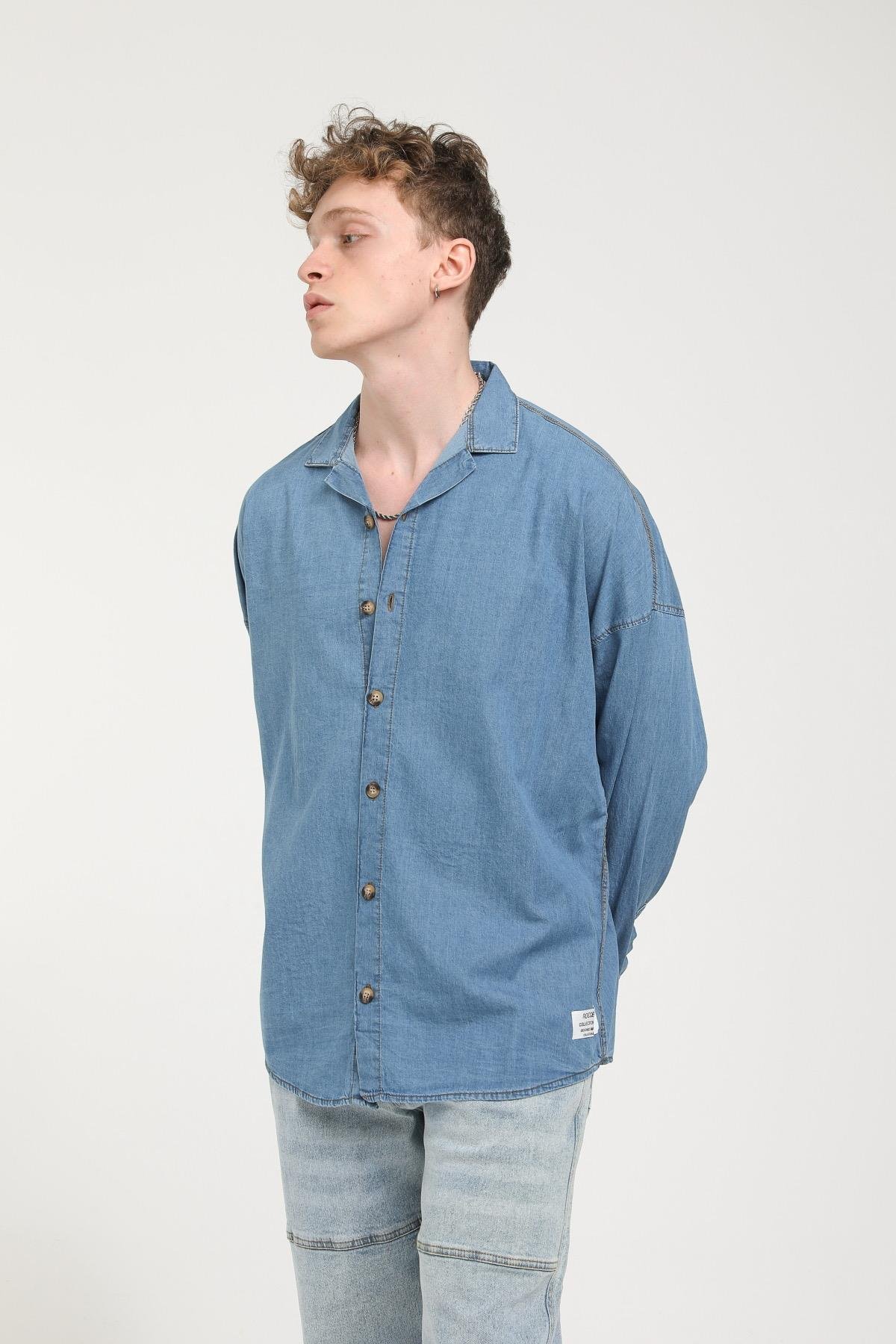 Apaş Yaka Detaylı Uzun Kollu Oversize Kot Gömlek  R-3506