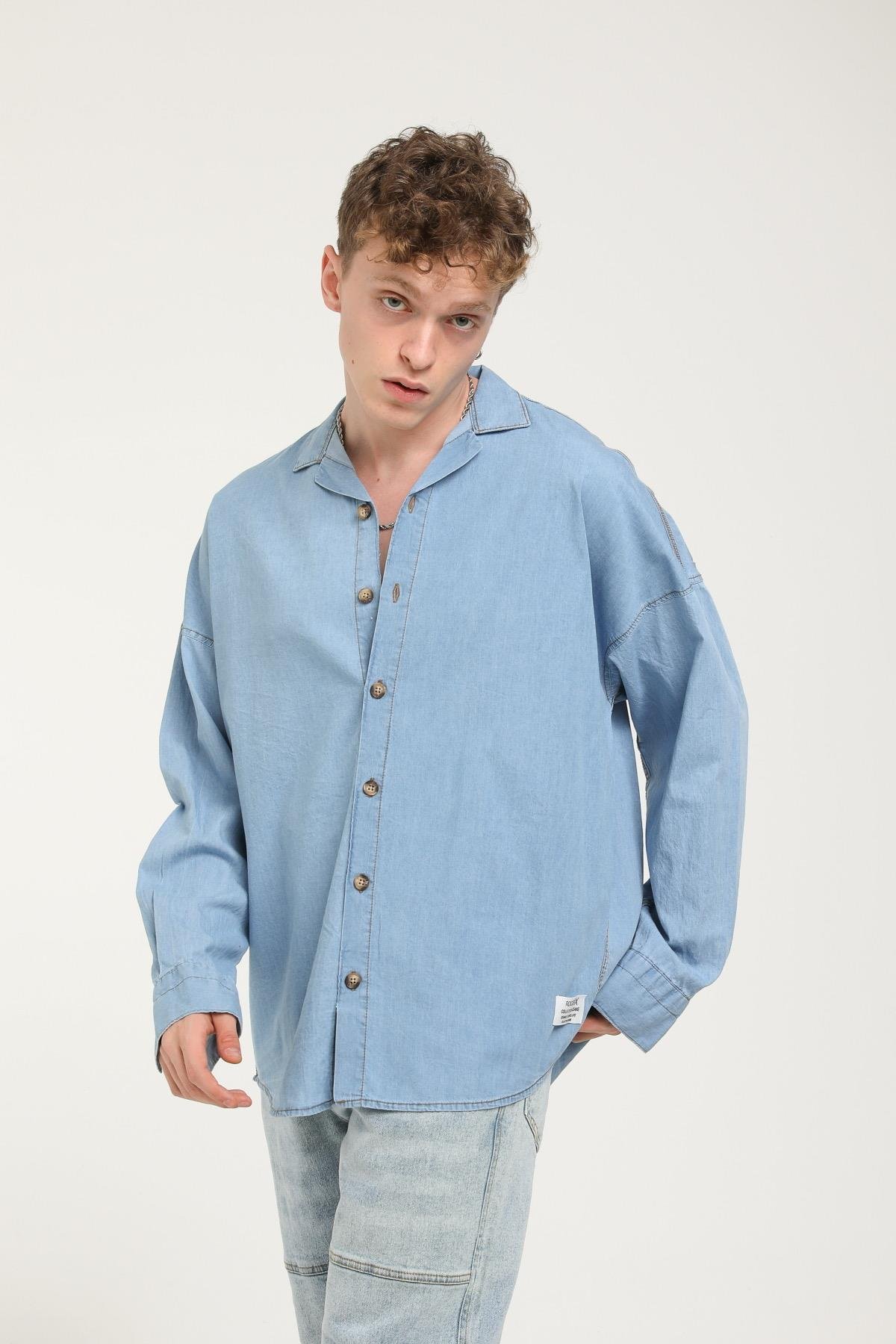 Apaş Yaka Detaylı Uzun Kollu Oversize Kot Gömlek  R-3506