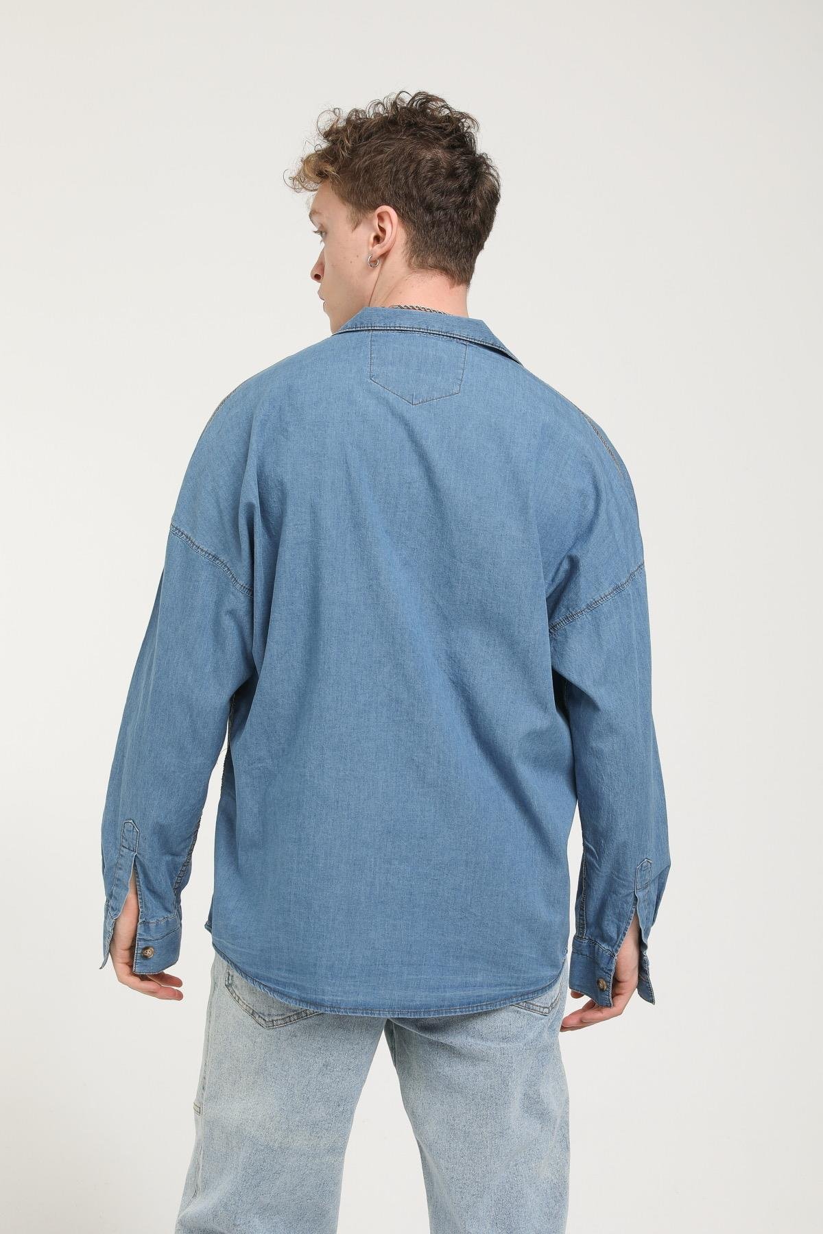Apaş Yaka Detaylı Uzun Kollu Oversize Kot Gömlek  R-3506