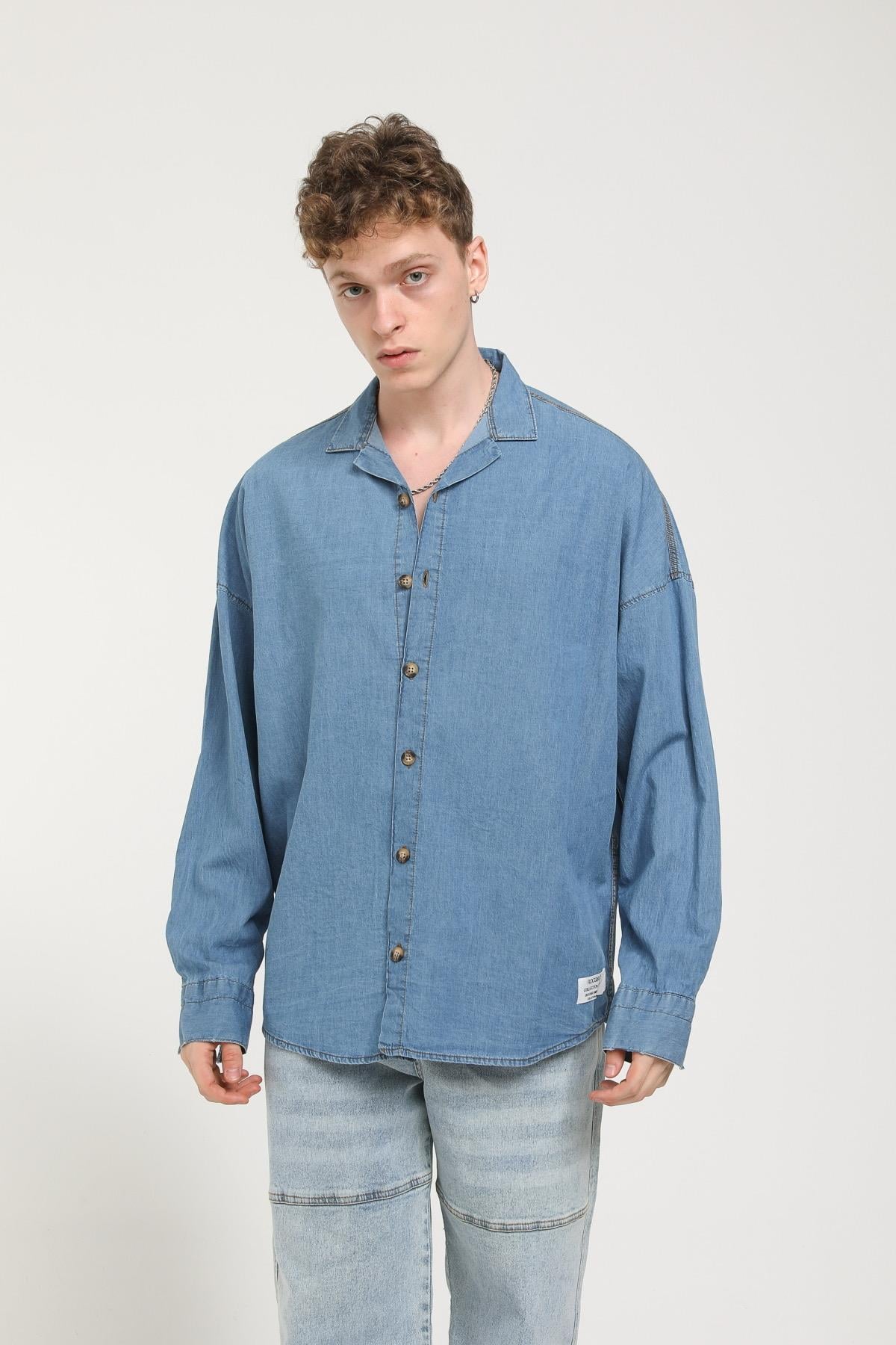 Apaş Yaka Detaylı Uzun Kollu Oversize Kot Gömlek  R-3506