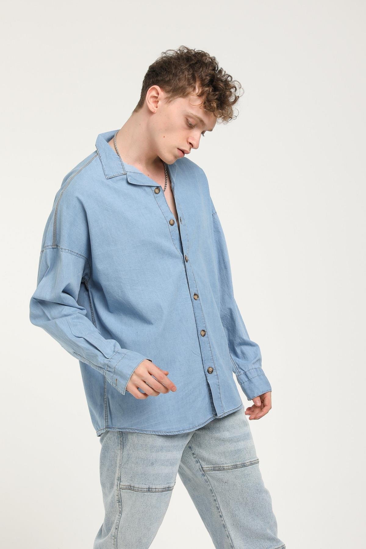 Apaş Yaka Detaylı Uzun Kollu Oversize Kot Gömlek  R-3506