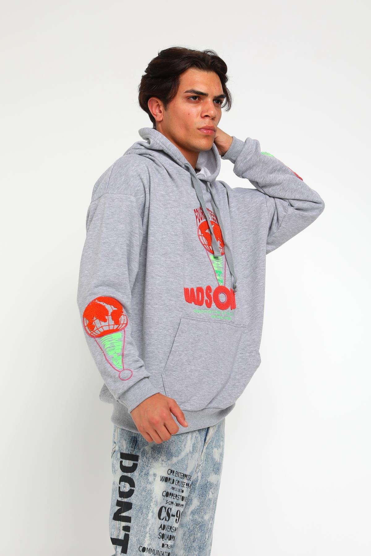 Four Fıfteen Yazı Detaylı Oversize Kapüşonlu Sweatshirt  R-5405