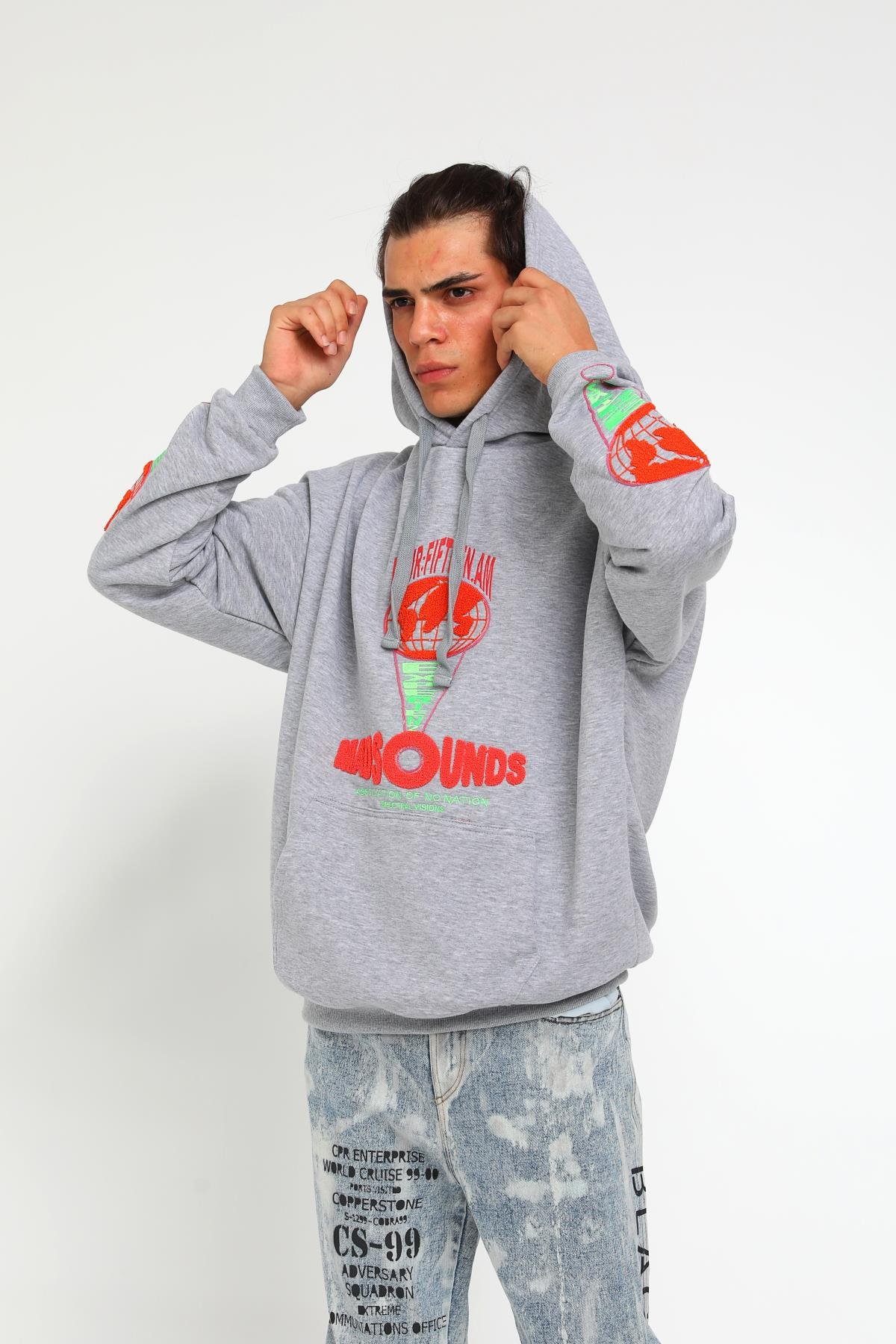 Four Fıfteen Yazı Detaylı Oversize Kapüşonlu Sweatshirt  R-5405