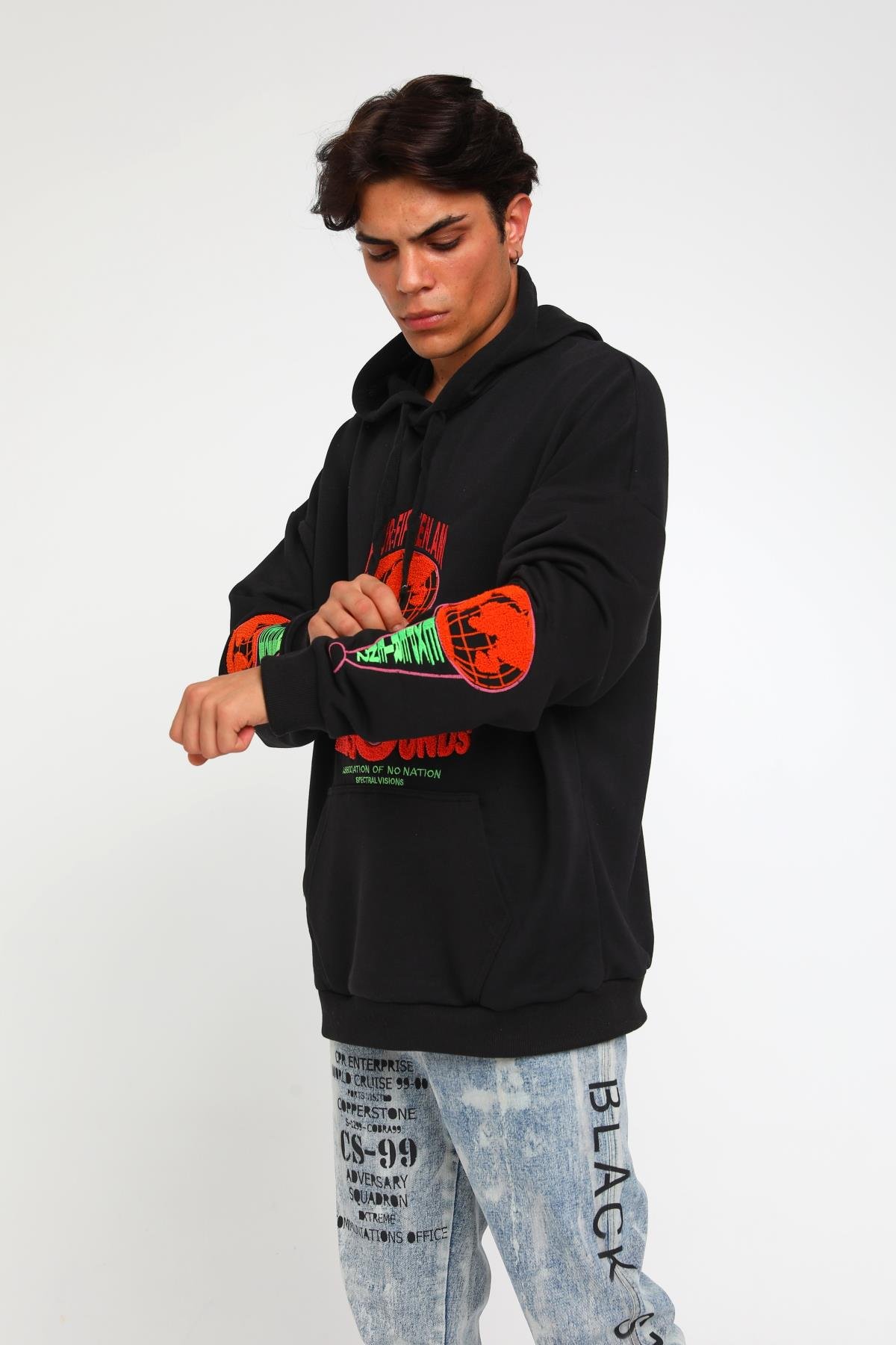 Four Fıfteen Yazı Detaylı Oversize Kapüşonlu Sweatshirt  R-5405