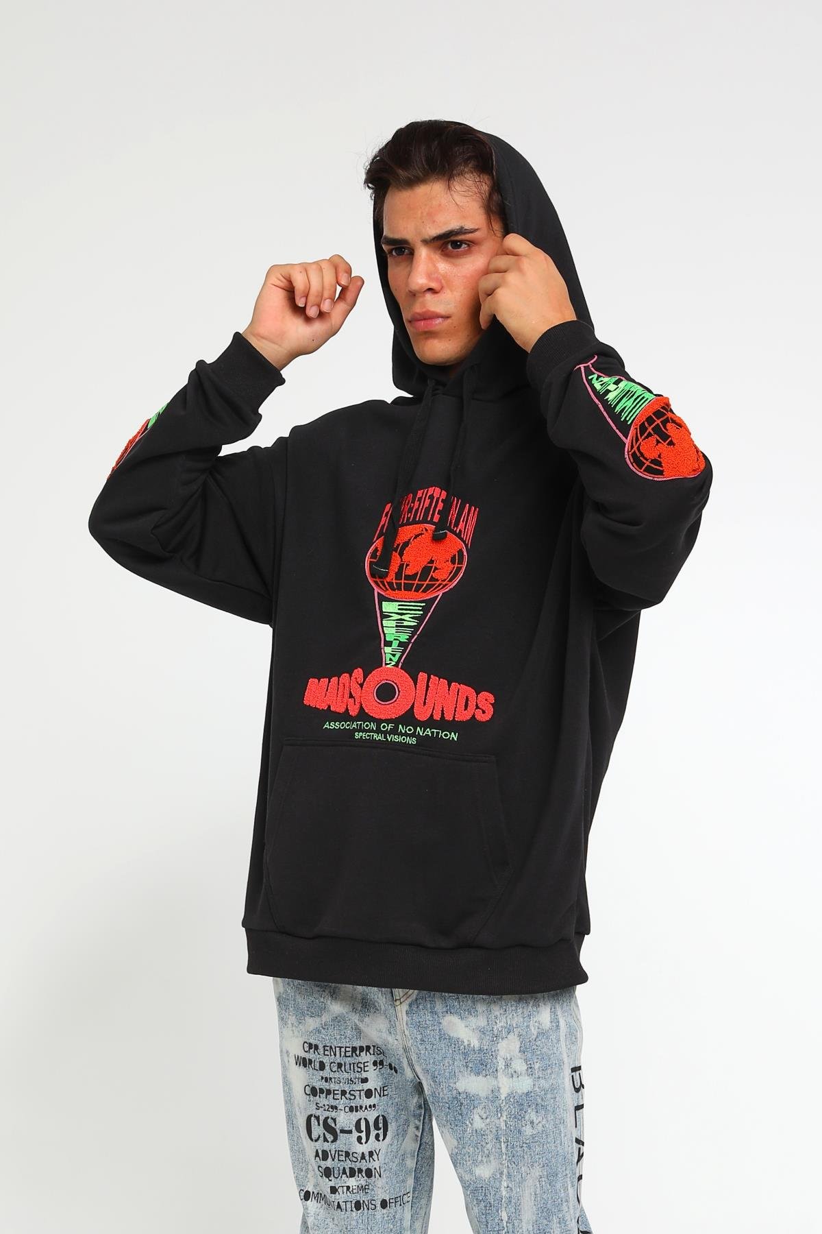 Four Fıfteen Yazı Detaylı Oversize Kapüşonlu Sweatshirt  R-5405