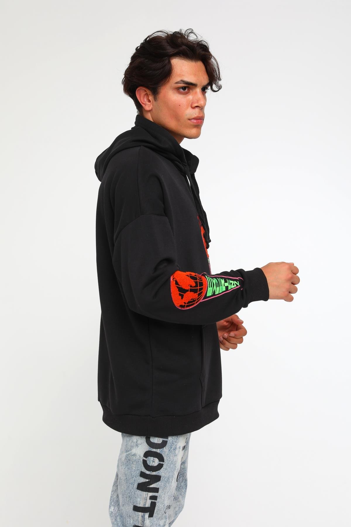 Four Fıfteen Yazı Detaylı Oversize Kapüşonlu Sweatshirt  R-5405