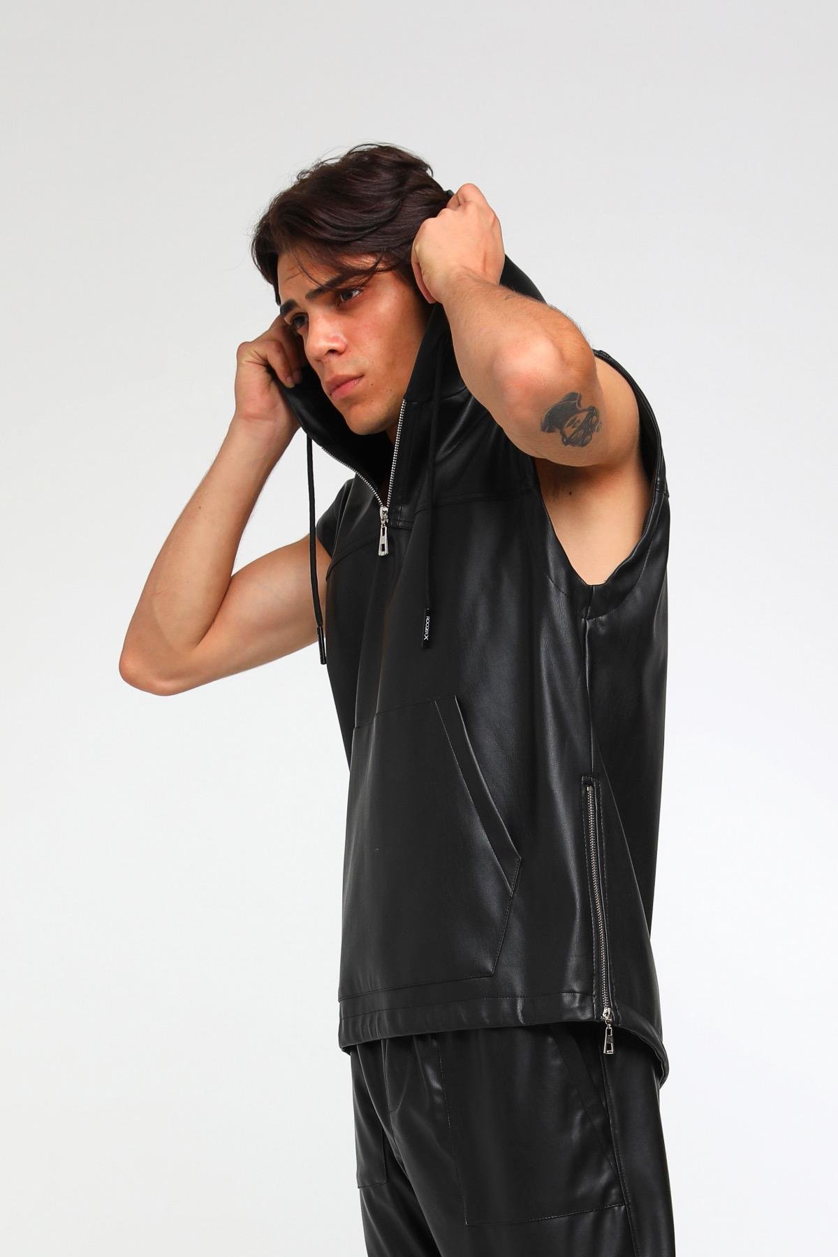 Kapüşonlu Deri Kolsuz Sweatshirt  R-2058