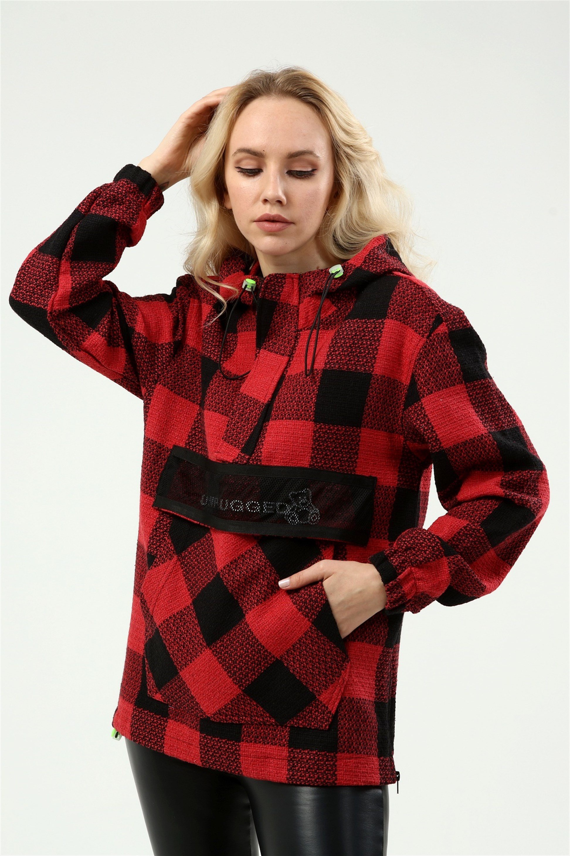 Kapüşonlu File Detaylı Ekose Sweatshirt Q-2097