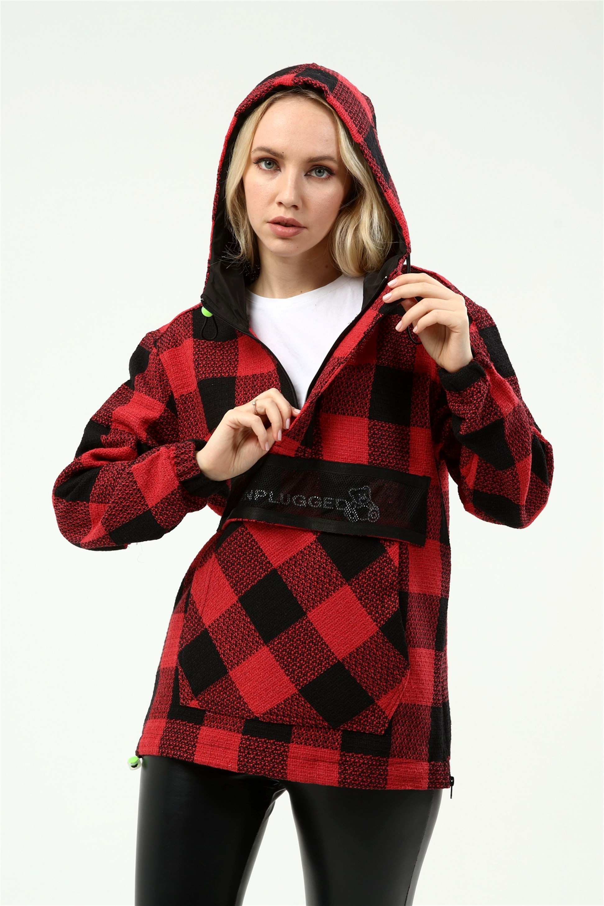Kapüşonlu File Detaylı Ekose Sweatshirt Q-2097