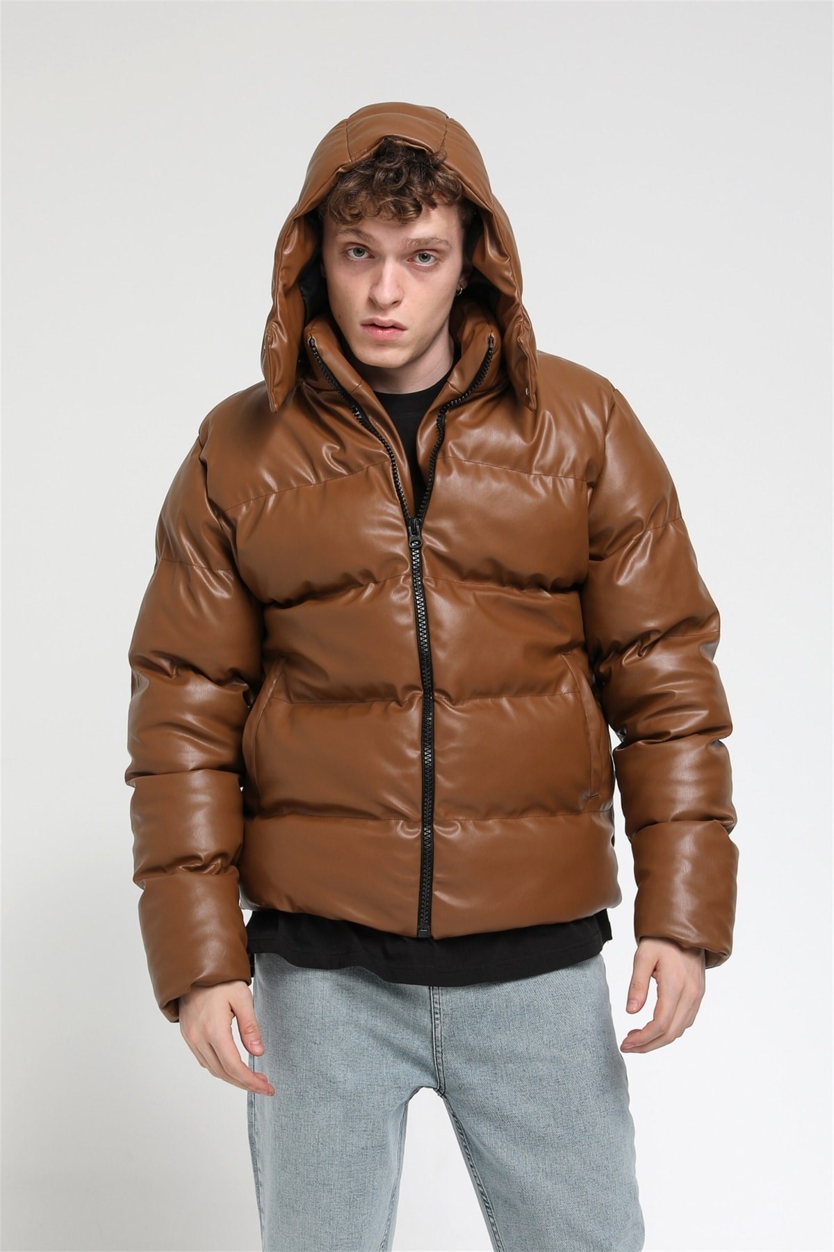 Kapüşonlu Şişme Deri Mont  R-2140