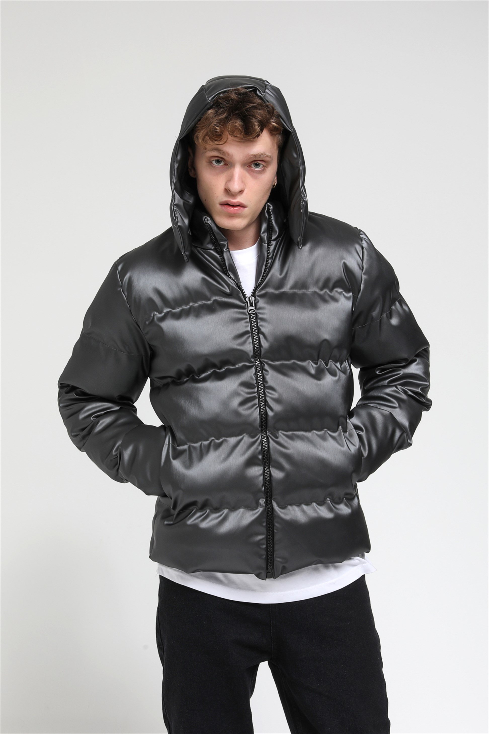Kapüşonlu Şişme Deri Mont  R-2140