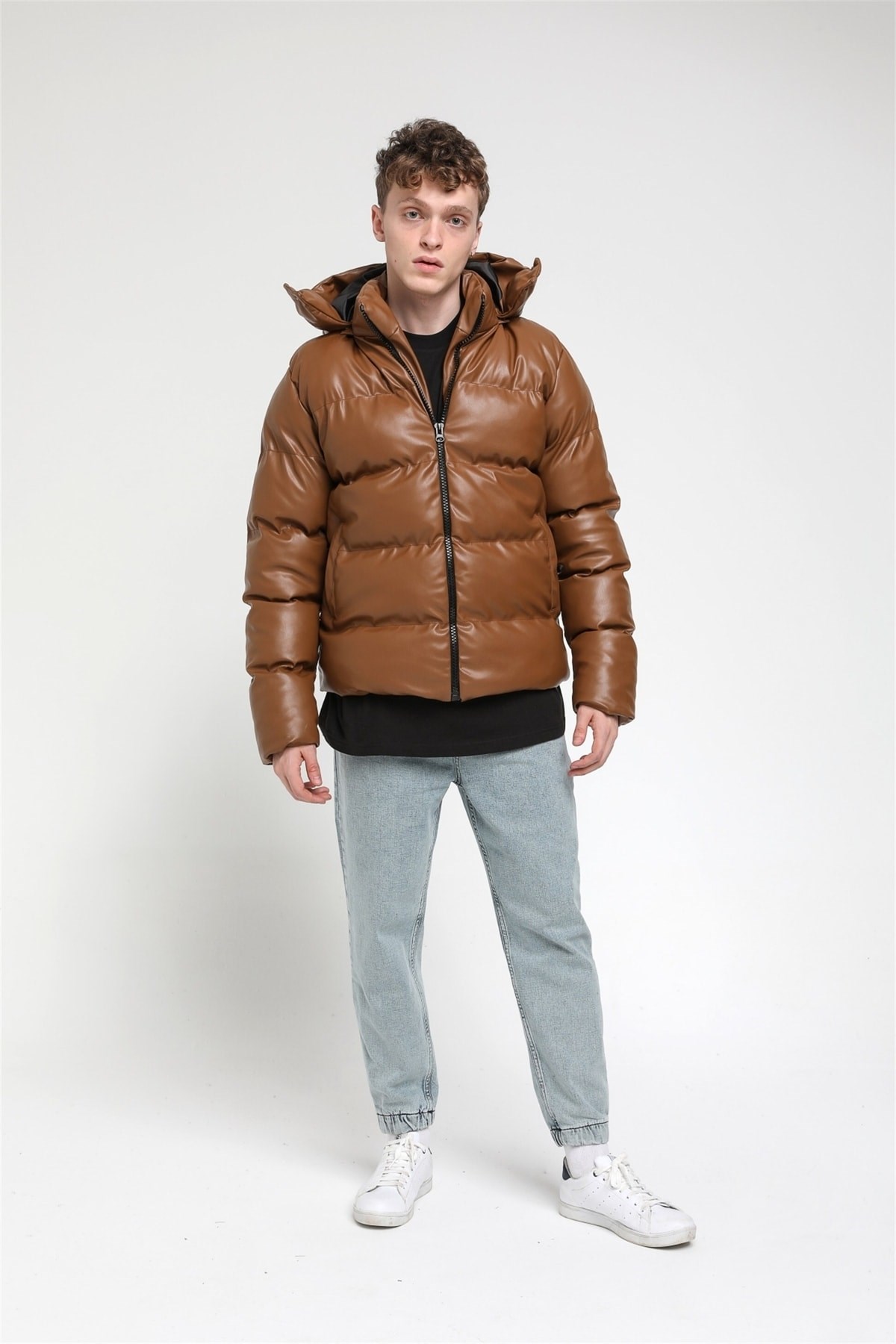 Kapüşonlu Şişme Deri Mont  R-2140