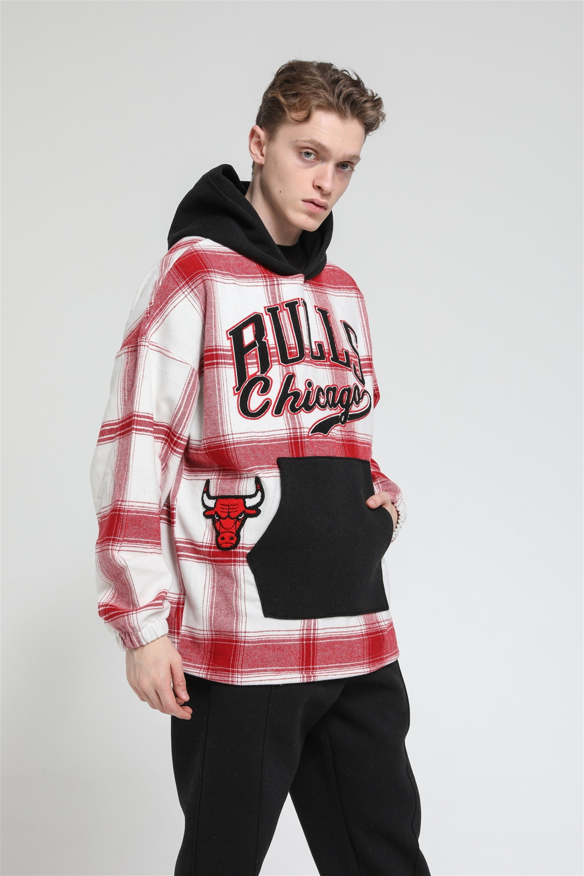 Oversize Ekose Bulls Chicago Kapüşonlu Sweatshirt R-5488